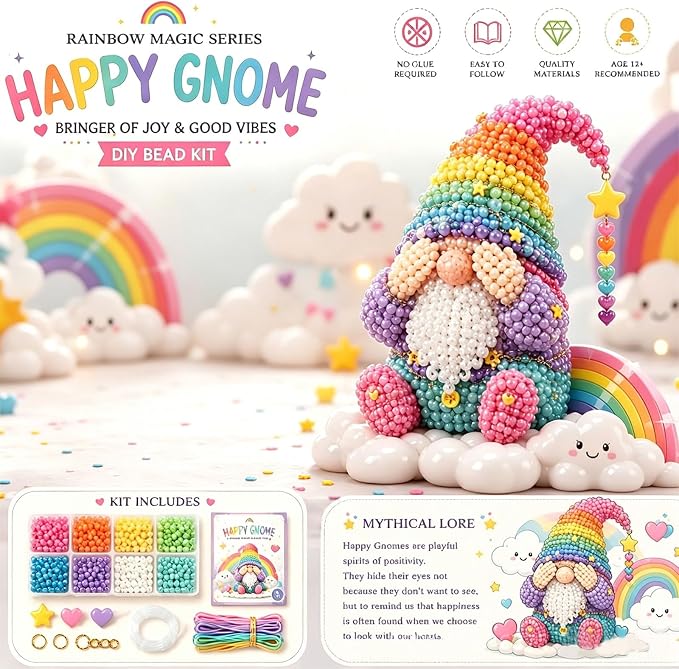 3D Beaded Gnome Craft Kit, 7.1in Non Slip Stable Structure Bead Threading Project Box, Handmade Gnome DIY Toy Set with Charms for Kids Ages 6 Plus Adults