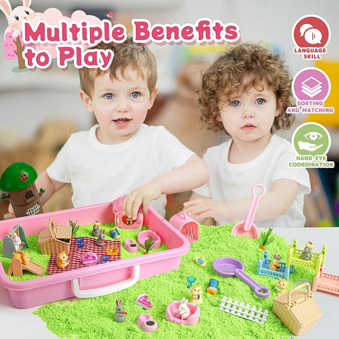 KNASON Rabbit and Hamster Sensory Bin, Play Sand Kit for Girls and Boys | 2.2lbs Sensory Play Sand, Sandbox with Lid, Rabbit and Hamster Figures, Tree House, Role Pretend Play Toy Gift for Kids