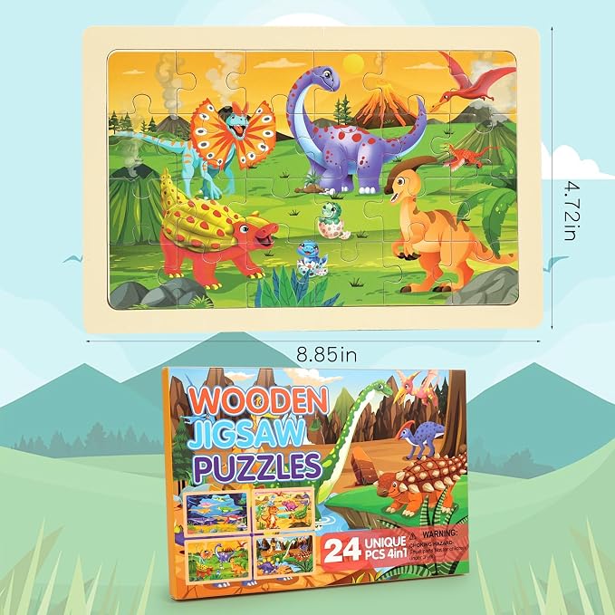 Wooden Puzzles Dinosaur Toys for Kids Ages 3-5, Set of 4 Packs with 24-Piece Wood Jigsaw Puzzles, Preschool Educational Brain Teaser Boards for Boys and Girls 3 4 5 6 Years Old