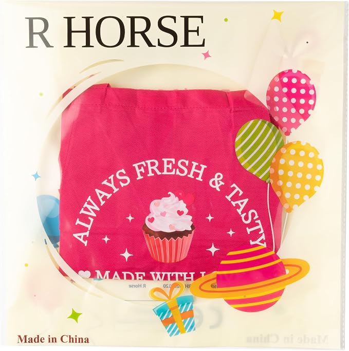 R HORSE Kid Apron and Chef Hat Set 2Pcs Adjustable Pink Children Kitchen Apron, Dress up Role Play Chef Toy Funny Cooking Baking Painting and Training Kits for Kids Birthday Holiday Gift