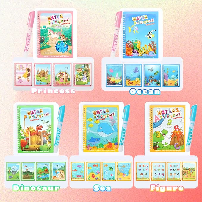 5 Pack Reusable Water Coloring Book for Toddlers, Water Doodle Book Toys, Paint with Water Books,Mess-Free Coloring Book, Portable Educational Doodle Drawing Toy,Educational Learning Kits Gifts