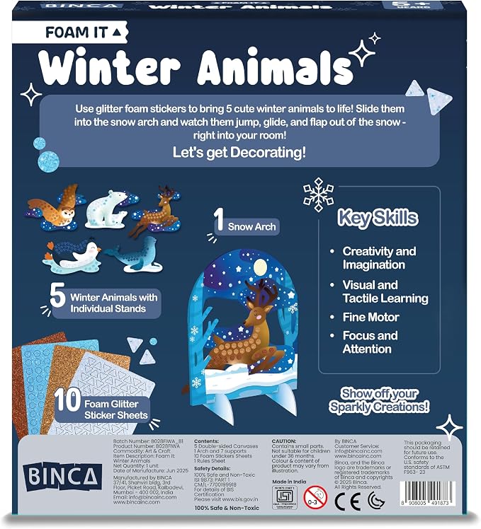 BINCA Foam Sticker Mosaic Art Activity, 750+ 3D Glitter Foam Stickers, 5 Winter Animals with Display Arch, DIY Mess-Free Activities, Gifts for Boys & Girls Ages 5,6,7,8