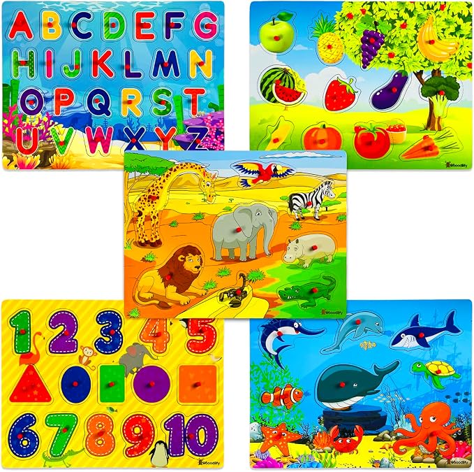 5 Pack Wooden Peg Puzzles for Toddlers 1-3 - Toddler Puzzles with Alphabet Numbers & Animals β Baby Wood Puzzle Gift - Puzzles for Toddlers 2-4 - Puzzles for Kids Ages 3-5 Learning Toys Boys and Girls