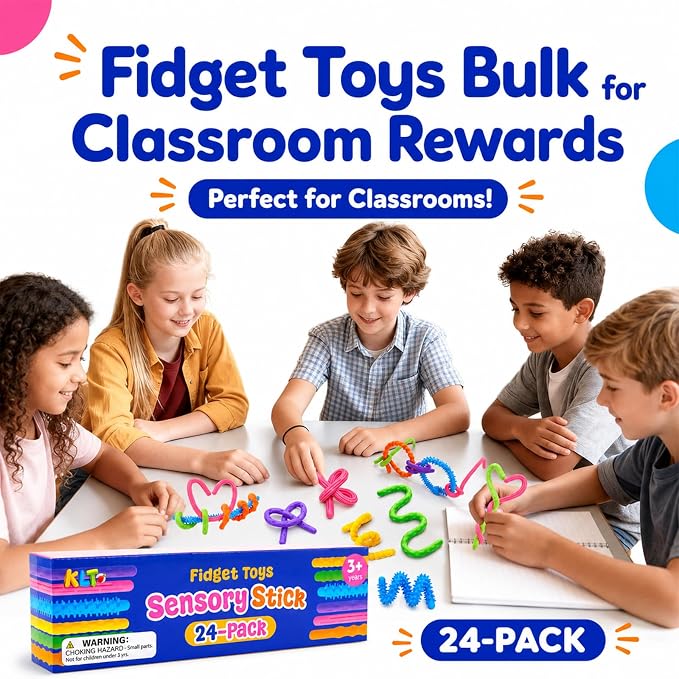KLT Textured Fidget Sticks 24 Pack Bulk Classroom Prizes | 6 colors, 6 raised textures, bendable design, creative shaping, bulk rewards for party favors, office, gifts