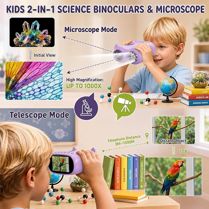 2-in-1 Kids Microscope and Telescope, 1000X Handheld Digital Microscope for Kids, 2.0" Screen, 8 LEDs, 10X Pocket Telescope for Outdoor, 1080P Camera STEM Toys Gift for Boys Girls 4-12, Purple