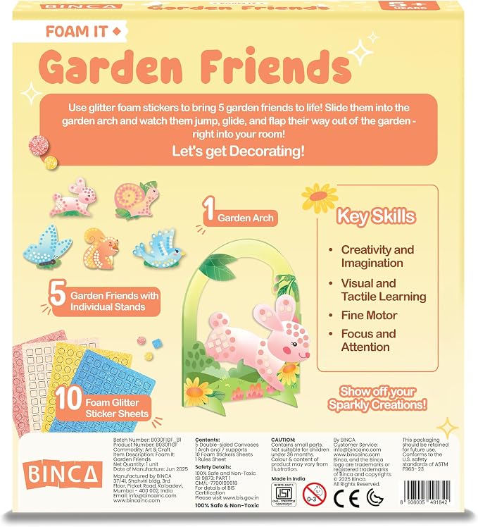 BINCA Foam Sticker Mosaic Art Activity, 750+ 3D Glitter Foam Stickers, 5 Garden Animals with Display Arch, DIY Mess-Free Activities, Gifts for Boys & Girls Ages 5,6,7,8