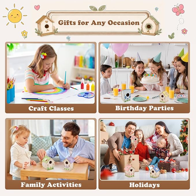BlockPro 24 Pack Bird House Kits for Kids with Paint & Brushes, DIY Wooden Birdhouse Painting Set, Spring Summer Arts Projects, Educational Craft Gift for Birthday, Party, Parent-Child Activities