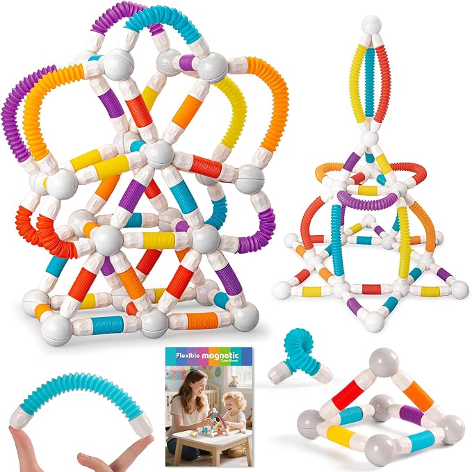 ROUSKY Magnetic Building Blocks Construction Set, 66 Pieces, Educational STEM Toy with Flexible Tubes and Connectors (66PCS)