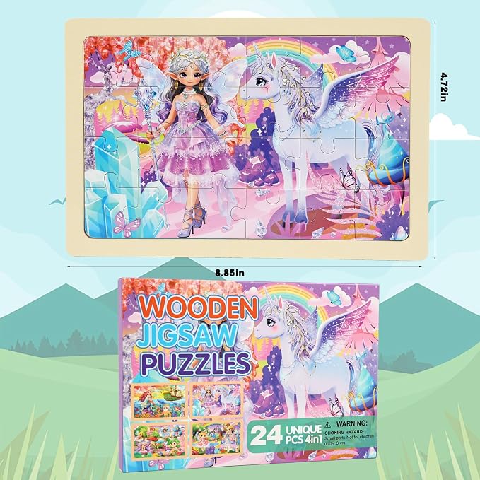 Wooden Princess Puzzles for Kids Age 3 4 5 Year Old, 4 Pack 24 Pcs Montessori Toddler Jigsaw Puzzles for Girl boy Activities Preschool Learning Educational Birthday Gift Travel Autistic Wooden Toys