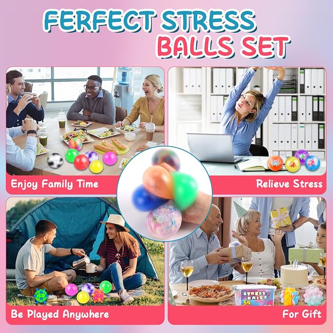 54 Pack Stress Balls, Squishy Balls, Squeeze Balls for Adults | Stress Relief Balls, Prize Box Stuffers, Party Favors