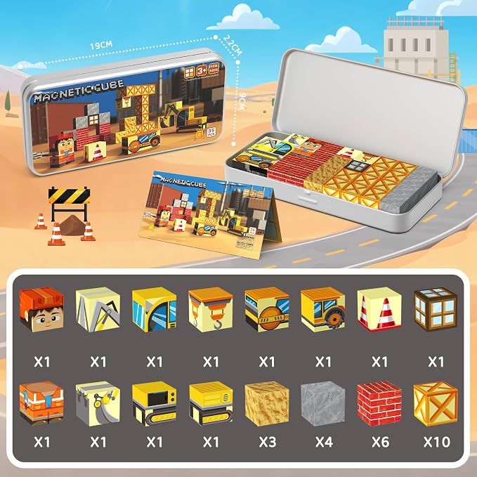 WMDXU Magnetic Cubes Boys Travel: Engineering Building Set with Storage Box | 35PCS Engineering-Themed Magnet Cubes, Hands-On Construction Fun for Boys, Road Trip Sensory Toy for Ages 3-8