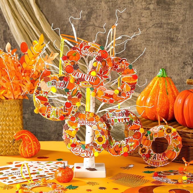 Hollowfly 48 Sets Fall Wreath Craft Kits, DIY Paper Crafts with Stickers | Thanksgiving Party Decor, Autumn Hanging Ornaments, Back to School Activities for Kids, Classroom Projects with Stickers
