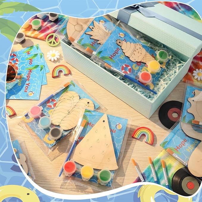Saypacck 24 Pcs Summer Beach Party Favors Wooden Paint Craft Kits | Hawaiian Theme Kids Crafts, Includes Paints Brushes Organza Bags, Goodie Fillers for Preschool Birthday Gifts