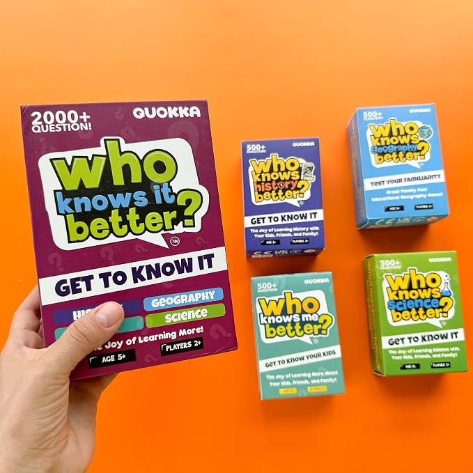 Card Games for Kids 8-12 - Set of 4 Board Family Games for Kids and Adults | Trivia Cards for Family Game Night - Who Knows It Better 2000+ Questions History, Geography, Science - Fun Card Game
