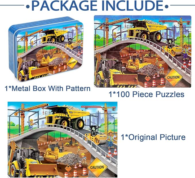 LELEMON Puzzles for Kids Ages 4-8,Construction Site 100 Piece Puzzles for Kids,Educational Kids Puzzles Jigsaw Puzzles in a Metal Box,Children 100 Piece Puzzle Games Puzzle Toys for Girls and Boys | Construction Site Kids Puzzles Jigsaw Puzzles for Kid...