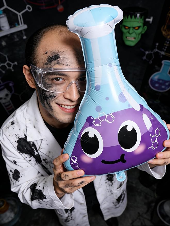Science Experiment Party Decorations, Chemistry Lab Balloon Set with Beaker Flask Balloons, Fire/Explosion Star & Purple Blue Latex Balloons for Kids STEM Birthday, Mad Scientist Theme Party Supplies