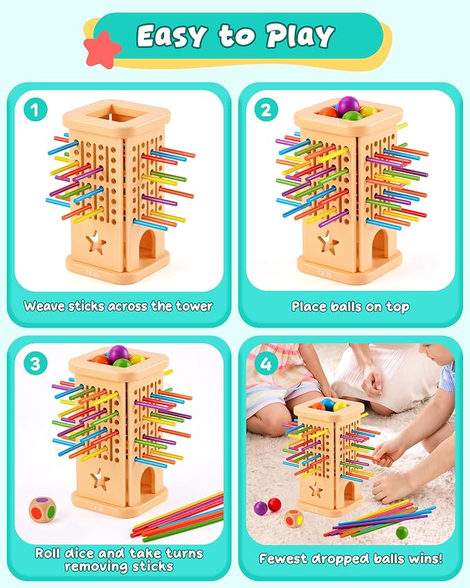 Montessori Board Game for Kids 4-6, Wooden Colorful Sticks Ball Drop Games | Color Matching Educational Toy for 3 4 5 6 Year Olds, Fine Motor Skills, Family Travel Game, Birthday Gift for Boys & Girls