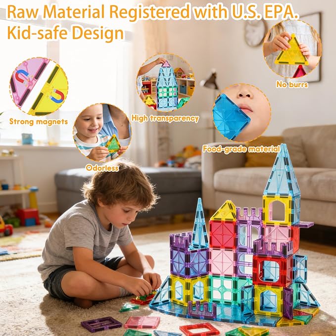 Antibacterial Magnetic Tiles 124PCS with 4 XL Squares, STEM Toy | Bacteria Resistant, EPA-registered, Toddler-Safe, 3D Large Construction Education Building Blocks Set, Clean Play for Kids