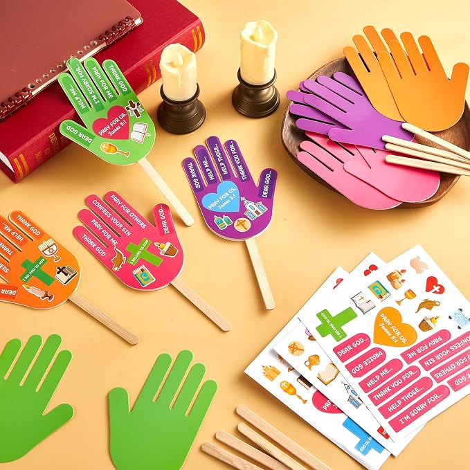 ojustbeok 24 Sets Sunday Bible Crafts Kit for How to Pray Handprint Fan Craft DIY VBS Christian Religious Arts Make Your Own Finger Prayer Fan for VBS Church Home Party Activities