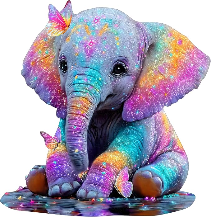 MEATRN Wooden Jigsaw Puzzles, Animal Puzzles for Adults & Kids, 199 Pcs | Colorful Baby Elephant with Butterflies, Educational Brain Teaser Gift and Home Art Decor, 11.1x11.4 in