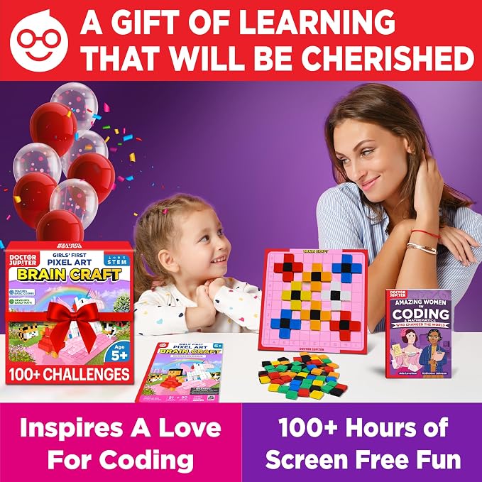 Doctor Jupiter Girls' First STEM Pixel Art Kit for Kids Ages 5+ | 100+ Coding Challenges, Birthday Gift for Girls Ages 5,6,7, Montessori Educational Math Toy