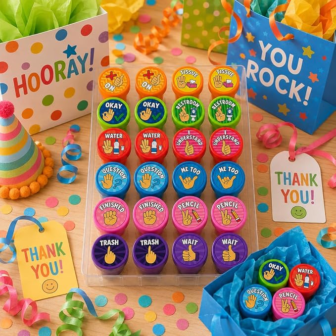 Cinrobiye 24 Pcs Hand Signal Stampers for Kids, Cute Classroom Communication Stamps, Teacher Tools, Classroom Rewards, Behavior Management, Party Favors, Goodie Bag Fillers, Small Toys