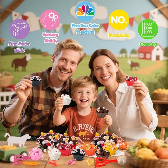 EZdhuawuse Farm Animals Sensory Bin Fillers - 301Pcs Summer Fine Motor Toys Sorting Stacking Toys for Kids, Felt Pig Horse Sheep Pom Poms Cup Clip for Preschool Education Early Development Activities