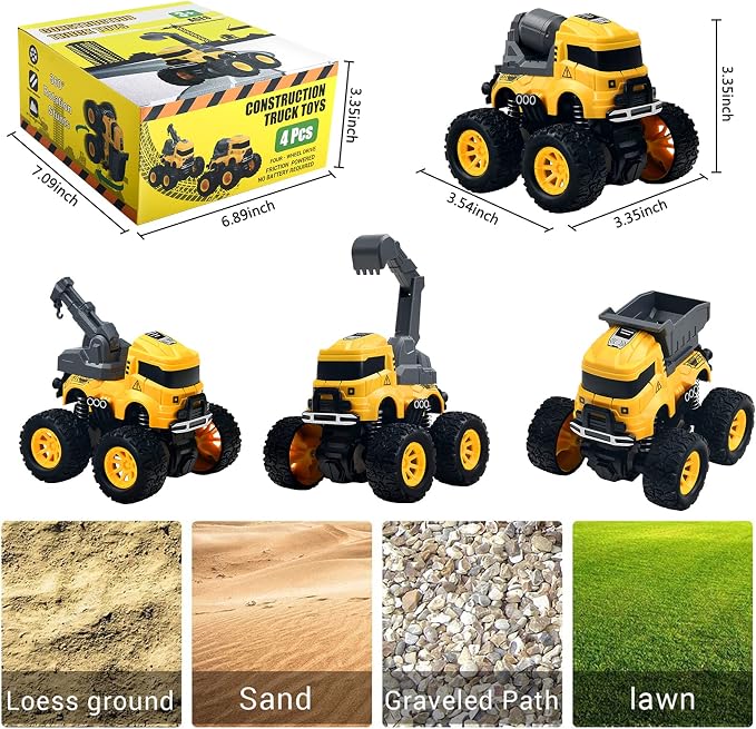 4 Pcs Construction Monster Truck Toys, Monster Trucks Friction Powered Car | Excavator, Mixer, Crane, Dump Trucks Toy, Push & Go 360° Roating Cars for Toddlers Kids Xmas Birthday Gifts for 3+ Boys Girls
