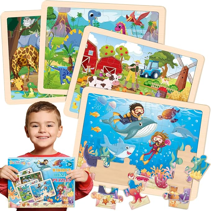 Puzzles for Kids Ages 4-6, 4 Packs Wooden Animals Jigsaw Puzzles for Toddlers Ages 3-5, Preschool Educational Puzzles Boards Toys Gifts for 3 4 5 6 Boys Girls