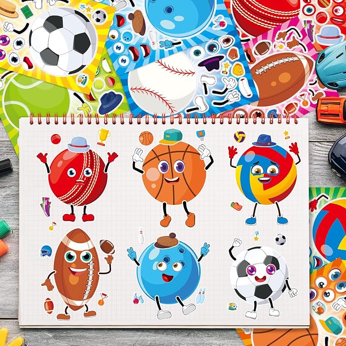 24 Sheets Make a Face Sport Ball Stickers for Kids Party Favors | Make Your Own Sport Stickers Birthday Decorations Supplies, Toddlers Crafts Activities Gifts Goodie Bags Stuffers