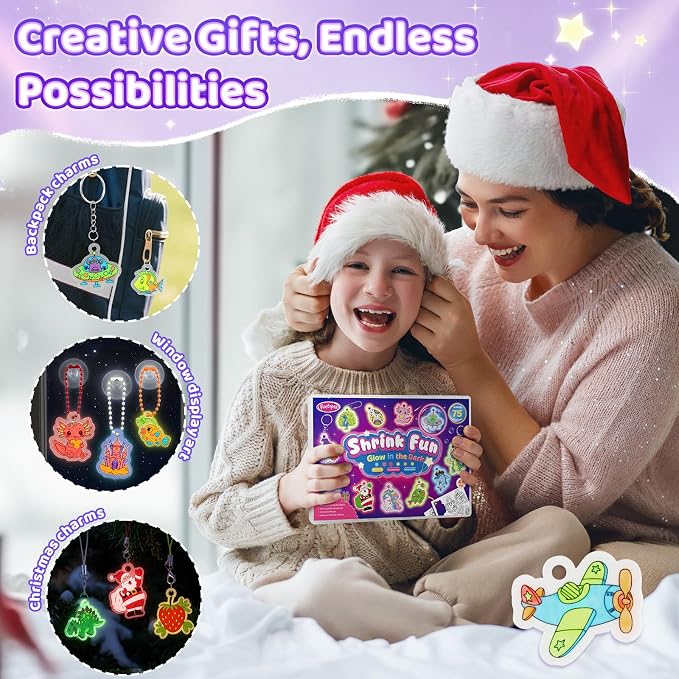 Funtopia 185pcs Shrinking Craft Kit for Kids, Glow in the Dark Keychain Kit | 75 Pre Cut Shrink Paper, Arts and Crafts for Kids Girl Ages 4 6 8 10 12, DIY Shrink Art Plastic Sheets with Charms, 12 Themes