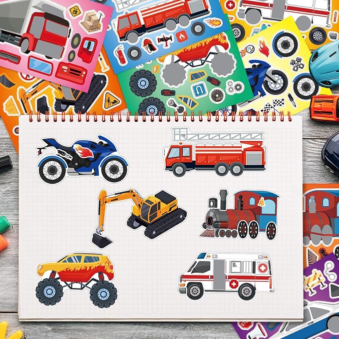 24 Sheets Make a Face Vehicle Stickers for Kids Boys Party Favors | Make Your Own Vehicle Stickers Birthday Decorations Supplies, Toddlers Crafts Activities Gifts Goodie Bags Stuffers