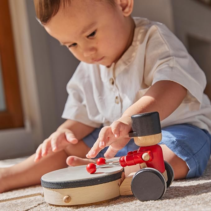 PlanToys® Wooden Pull Along Drummer Musical Toy for Kids Toddler Active Set | rolling wheels, drumming rhythm, baby musical toys, girls, boys, montessori focus coordination learning gift preschool