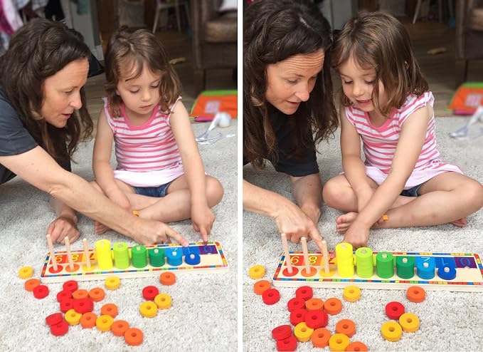 TOWO Wooden Counting Ring Stacker, 45 Rings Number Blocks Toy | Includes 45 rings and number blocks for sorting, counting and early math; Montessori learning toy for kids age 3+