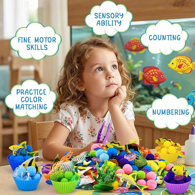 164 Pcs Tropical Fish Sensory Bin Items Summer Counting Sorting Sensory Bin Filler Fine Motor Tropical Fish Coral Counts for Spring Summer Counting Sorting