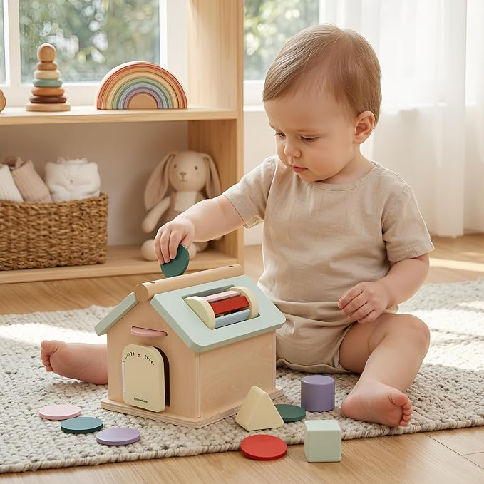 Pillowhale Montessori Activity Cube for Toddlers 12 Months+, Wooden 5-in-1 Learning Toy with Object Permanence Box, Shape Sorting & Stacking, Fine Motor Skills Toy for Baby Boys Girls