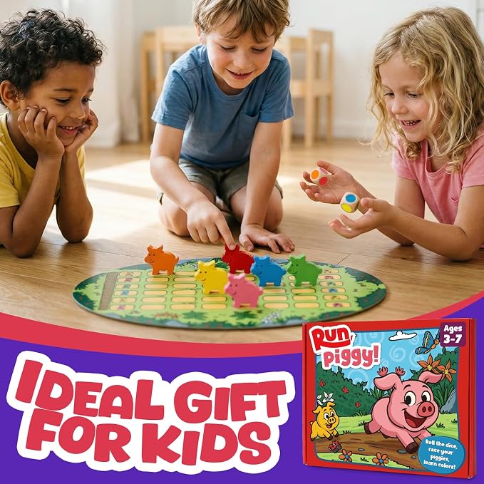 Run Piggy Cooperative Board Game, Adorable Family Dice Game for Kids Ages 3-7, Color Matching Board Game, Preschool Learning Toy, 2-6 Players