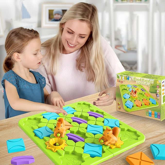burgkidz Road Builder STEM Toys: 118 Challenges Board Games & Maze Puzzles | Squirrel Logic Track Building Blocks for Kids Ages 4 8 Montessori Educational Brain Teaser Birthday Gifts for Boys Girls