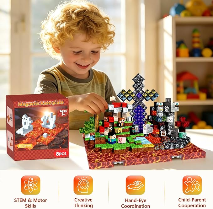 8PCS 4" x 4" Magnetic Building Block Base Plates for Kids, Strong Grip Magnetic Tiles Base Compatible with Most Popular Magnetic Blocks & Cubes, STEM Educational Toys for Boys Girls Ages 3+ (Lava)