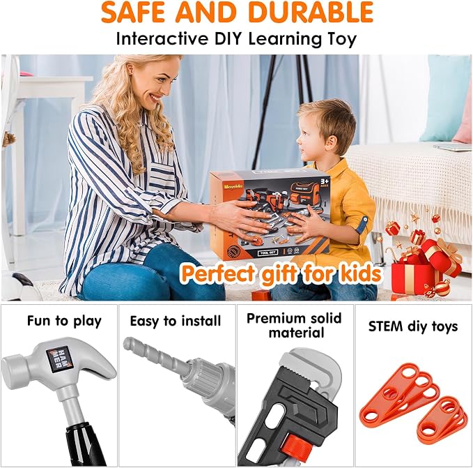 Kids Tool Set- 48PCS Tool Set Toys with Electronic Toy Drill, Tool Bag&Tool Belt&Tape Measure, Pretend Play Kids Construction Tool Kits Toy for Boys, Kids Birthday Gift for Boys Girls Ages 3+