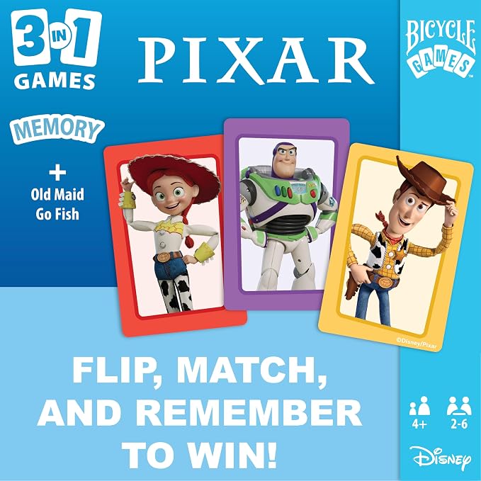Bicycle Disney Pixar 3-in-1 Card Games Old Maid Go Fish Memory Kids Ages 4 | 3 games in 1 set Old Maid Go Fish and Memory, Toy Story Finding Nemo and Inside Out characters, Ages 4 and up