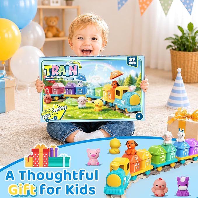 Electric Train Set for Toddler with Farm Animals, Music & Lights, Ages 2-4 | Montessori Self-Moving Electric Train Set, 37 PCS with 8 Numbered Barns and Animal Finger Puppets for Counting and Sorting