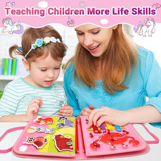 MEGRANATE Montessori Busy Board, Busy Book Educational Learning Toys for Kids Quiet Book Activity Books Fine Motor Skills Toys for 3+ Year Old Kids (Pink)