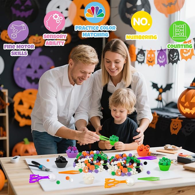 EZdhuawuse Halloween Sensory Bin Fillers - 269P Halloween Fine Motor Toys Sorting Stacking Toys for Kids, Glitter Felt Pumpkin Black Cat Hat Pom Poms for Preschool Education Early Development Activity