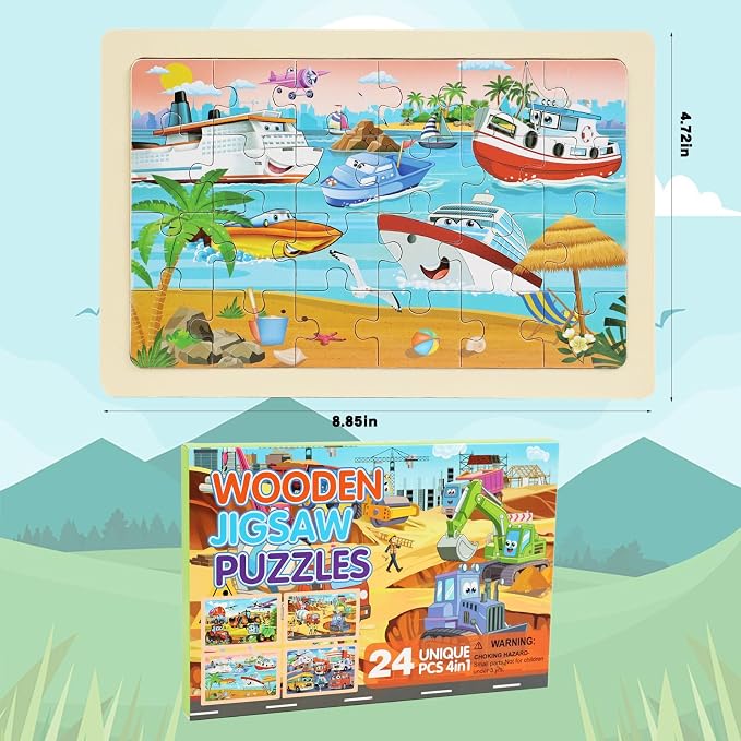 Wooden Puzzles for Kids Ages 4-6, 24 Piece Vehicle Car Construction Jigsaw Puzzles 4 Packs, Preschool Toddlers Learning Activity Puzzles Toys for Boys Girls 3 4 5 6 Years Old