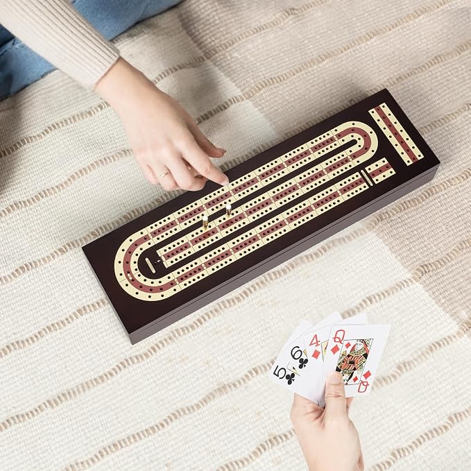 ESENHARBER Cribbage Board Game Set, Premium Wooden Board with Magnetic Lock and Metal Pegs, 2 Playing Cards, and Large Storage - Travel-Friendly Continuous 3 Track Board