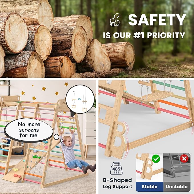 Upgraded Indoor Jungle Gym 14-in-1 Playground Kids Climbing Toys | Waldorf Style Wooden Climber Playset with Slide, Swing, Monkey Bars, Upright/Rope Ladder, Climb Net, Colorful