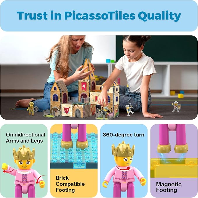 PicassoTiles 70pc Middle Age Medieval and Castle Theme Tile 2in1 8 Character Action Figures Magnet Tiles Building Block Pretend Magnetic Play Fine Motor Skill STEM Educational Construction Age3+ PTQ01