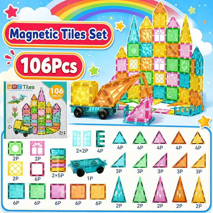 106-Piece Magnetic Tiles for Kids with Car, STEM Building Set | Standard 3-inch tiles, Encourages creativity, imaginative play, and early learning through hands-on exploration
