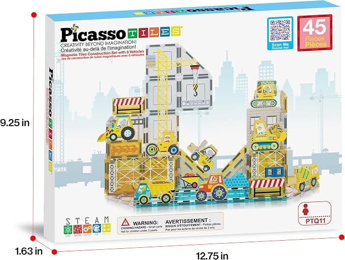 PicassoTiles Magnet Tiles Magnetic Building Blocks with 8 Construction Vehicles Crank Truck Excavator Bulldozer Road Roller Concrete Mixer Tractor Dump Truck Forklift Toys Learning Kids Ages 3+ PTQ11 | 8 trucks, crane, excavator, bulldozer, dump, road ...